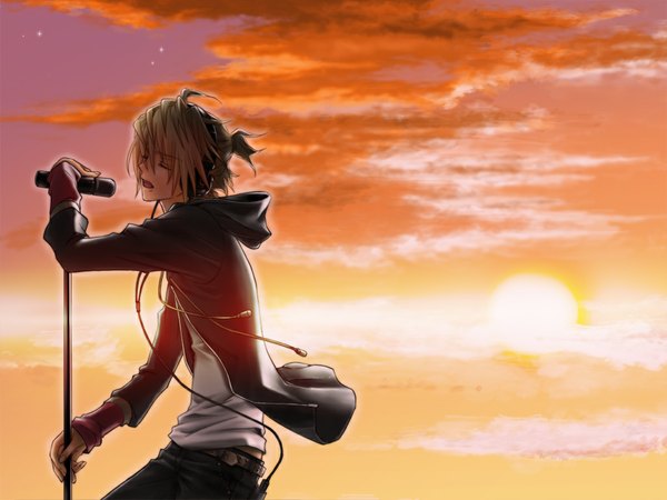 Anime picture 1024x768 with vocaloid kagamine len shirano (artist) single short hair blonde hair eyes closed wind evening sunset singing boy headphones hood microphone wire (wires) microphone stand