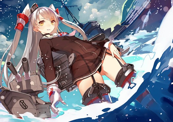 Anime picture 1180x835 with kantai collection amatsukaze destroyer rensouhou-kun lia-sama single long hair looking at viewer blush light erotic grey hair two side up dutch angle pantyshot girl thighhighs hair ornament underwear panties hat water