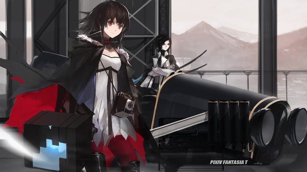Anime picture 1890x1063 with original pixiv fantasia pixiv fantasia t swd3e2 long hair looking at viewer highres black hair red eyes wide image girl dress ground vehicle car camera