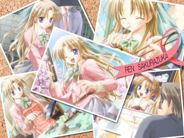 Anime picture 1024x768 with canvas (anime) sakurazuka ren long hair short hair open mouth blue eyes blonde hair brown hair eyes closed :d character names cherry blossoms rain graduation collage girl necktie food umbrella suit