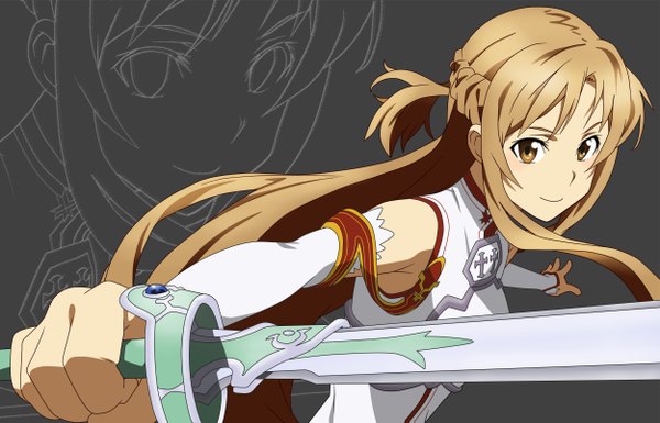 Anime picture 2500x1608 with sword art online a-1 pictures yuuki asuna single long hair fringe highres smile brown hair brown eyes girl weapon detached sleeves sword