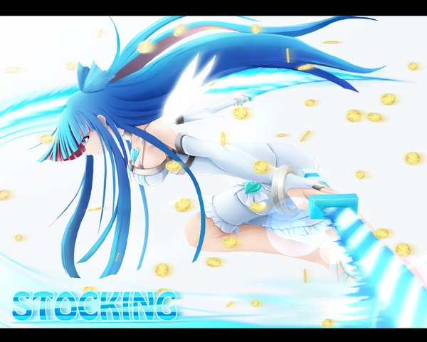 Anime picture 1680x1344 with panty & stocking with garterbelt anarchy stocking single long hair green eyes blue hair girl sword wings