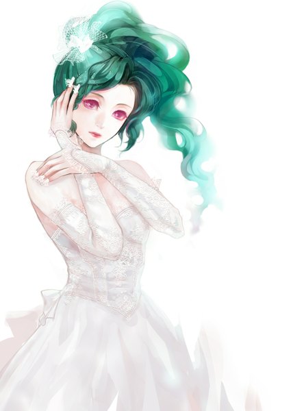 Anime picture 1027x1439 with final fantasy final fantasy vi square enix tina branford suwi kabotyaumai long hair tall image red eyes white background bare shoulders green hair girl dress detached sleeves wedding dress hands