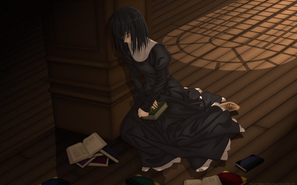 Anime picture 2560x1600 with mahou tsukai no yoru kuonji alice single highres short hair black hair wide image eyes closed girl dress book (books)