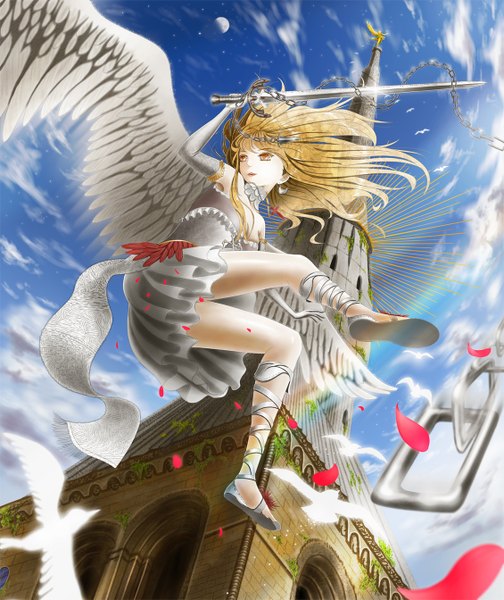 Anime picture 1130x1344 with original doora (dora0913) single long hair tall image blonde hair red eyes cloud (clouds) flying girl dress gloves weapon animal sword wings elbow gloves bird (birds) castle