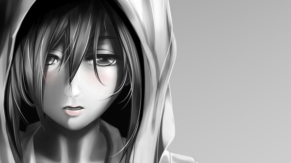 Anime picture 1600x900 with shingeki no kyojin production i.g mikasa ackerman brianchan.t.w single blush fringe short hair open mouth simple background wide image looking away lips grey hair grey background grey eyes close-up face grey skin girl