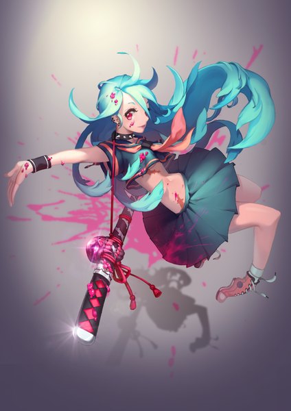 Anime picture 2480x3508 with original yamijam single long hair tall image looking at viewer highres simple background red eyes pleated skirt aqua hair shadow outstretched arm girl skirt navel uniform weapon sword choker
