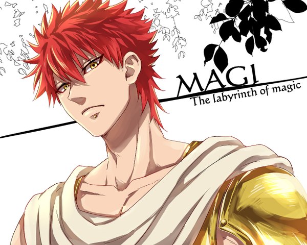 Anime picture 1280x1024 with magi the labyrinth of magic a-1 pictures masrur zoff (daria) single looking at viewer short hair simple background white background yellow eyes upper body red hair inscription copyright name piercing lip piercing boy plant (plants) armor