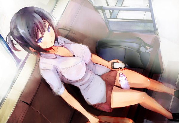 Anime picture 1313x900 with original irohara single short hair breasts blue eyes black hair large breasts sitting ponytail from above side ponytail girl skirt shoes bag mobile phone bottle blouse