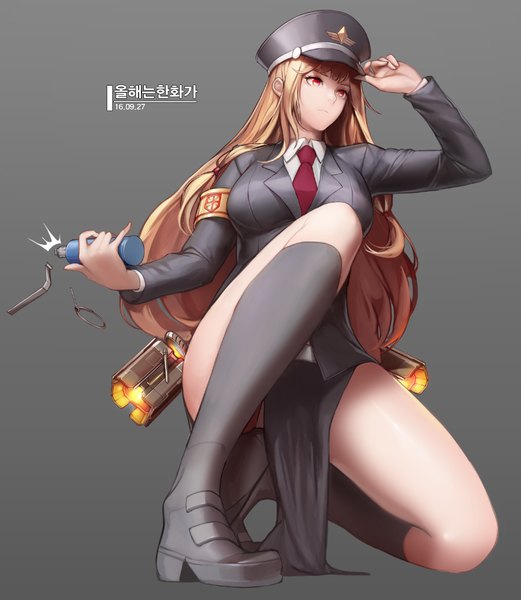 Anime picture 865x995 with dungeon and fighter monaim single long hair tall image fringe breasts light erotic simple background blonde hair red eyes large breasts holding looking away full body bent knee (knees) grey background kneeling dated adjusting hat