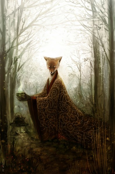 Anime picture 1093x1659 with tagme (artist) tall image japanese clothes kitsune plant (plants) tree (trees) grass forest teapot youkai tea fox