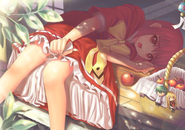 Anime picture 2338x1653 with ookami-san to shichinin no nakama-tachi j.c. staff akai ringo sola (artist) highres short hair red eyes red hair lying girl dress apple