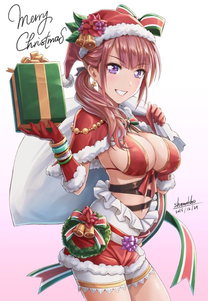Anime picture 1013x1463 with original shamakho single long hair tall image looking at viewer fringe breasts light erotic smile hair between eyes large breasts purple eyes pink hair fur trim christmas merry christmas girl gloves hat