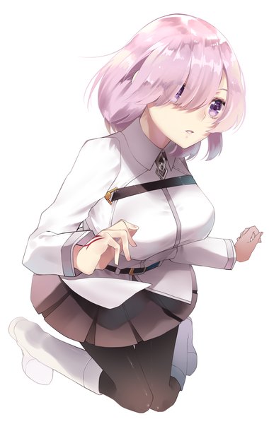 Anime picture 1456x2300 with fate (series) fate/grand order mash kyrielight fujimaru ritsuka (female) ichinose rei single tall image fringe short hair simple background white background purple eyes looking away pink hair full body hair over one eye cosplay fujimaru ritsuka (female) (cosplay) girl pantyhose