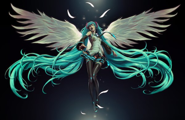 Anime picture 2550x1650 with vocaloid hatsune miku alvin lee single highres open mouth twintails bare shoulders very long hair nail polish aqua eyes aqua hair sleeveless angel wings girl skirt detached sleeves necktie thigh boots feather (feathers)