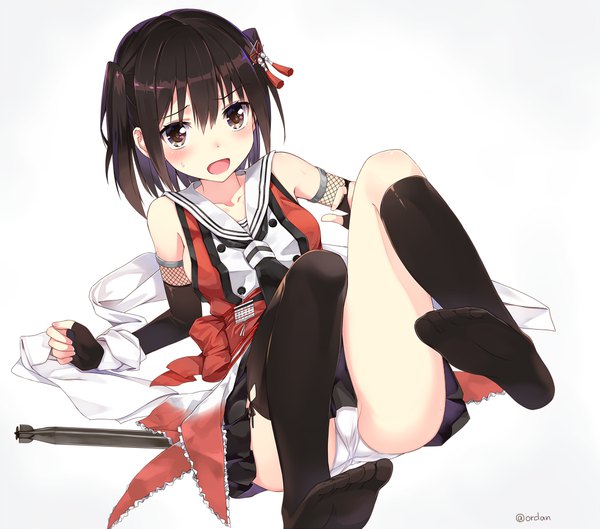 Anime picture 1050x926 with kantai collection sendai light cruiser orda single looking at viewer blush short hair open mouth light erotic black hair simple background white background sitting brown eyes signed nipples arm support sweat two side up twitter username
