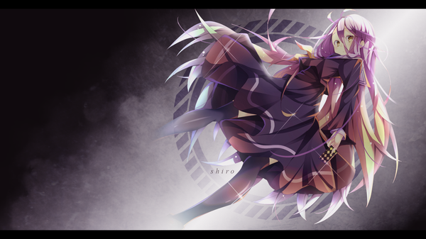 Anime picture 1920x1080 with no game no life madhouse shiro (no game no life) nuira single long hair looking at viewer fringe highres hair between eyes wide image holding yellow eyes multicolored hair from below wallpaper looking down letterboxed glow girl