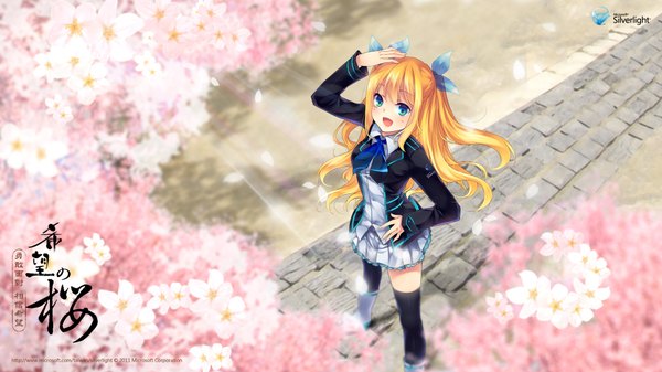 Anime picture 1920x1080 with os-tan microsoft aizawa hikaru single long hair highres open mouth blue eyes blonde hair wide image cherry blossoms girl thighhighs black thighhighs petals