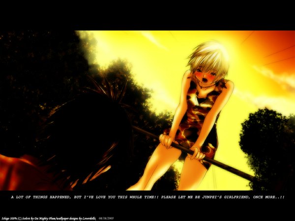 Anime picture 1024x768 with ichigo 100 blush short hair open mouth black hair blonde hair bare shoulders sky from behind from below screaming girl boy