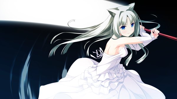 Anime picture 1280x720 with endless dungeon lince whitecastle kinta (distortion) single long hair blue eyes wide image animal ears game cg silver hair cat ears dark background girl dress weapon detached sleeves sword