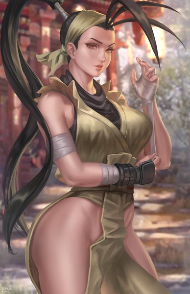 Anime picture 3300x5100 with street fighter capcom ibuki (street fighter) nopeys single long hair tall image looking at viewer highres breasts light erotic standing absurdres outdoors ponytail parted lips blurry realistic orange eyes depth of field