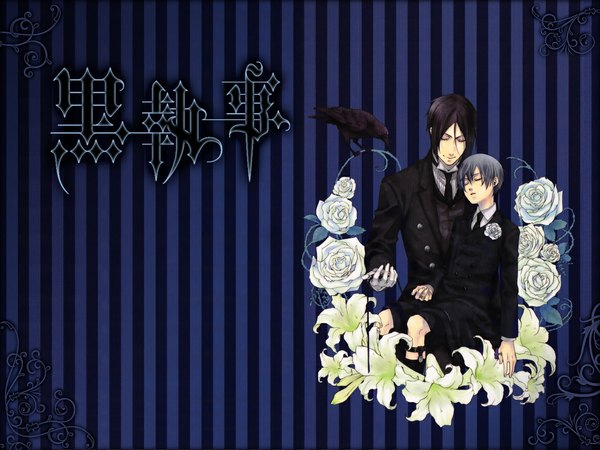 Anime picture 1152x864 with kuroshitsuji a-1 pictures sebastian michaelis ciel phantomhive short hair open mouth black hair eyes closed light smile grey hair sleeping striped background boy flower (flowers) necktie rose (roses) suit crow