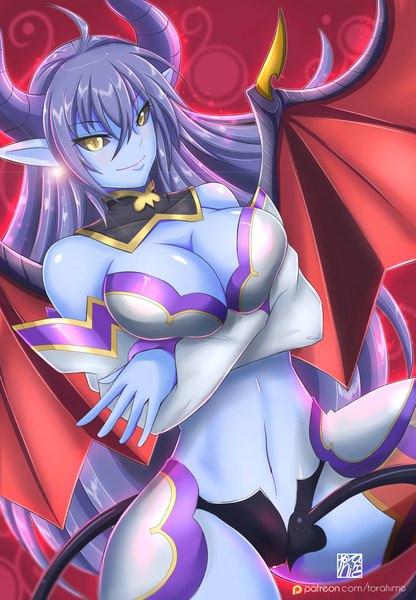 Anime picture 1600x2304 with torahime (roland00) single long hair tall image looking at viewer blush fringe breasts light erotic smile large breasts yellow eyes tail horn (horns) pointy ears grey hair underboob demon girl demon tail demon wings