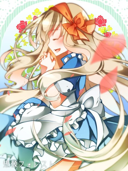 Anime picture 1500x2000 with kagerou project vocaloid shaft (studio) souzou forest (vocaloid) mary (kagerou project) nou single long hair tall image blush open mouth blonde hair eyes closed profile wind hieroglyph praying girl dress ribbon (ribbons)