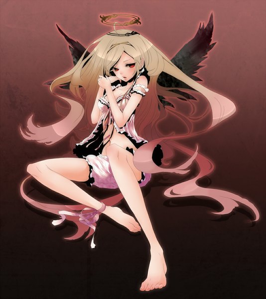 Anime picture 1000x1123 with original plastick single long hair tall image looking at viewer blush open mouth blonde hair red eyes bare shoulders barefoot black wings angel girl hair ornament bow wings halo