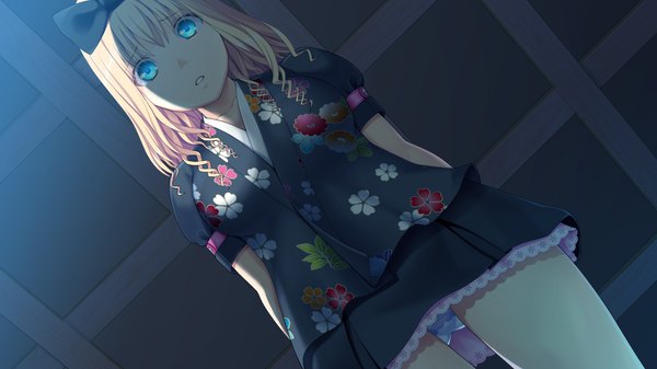 Anime picture 1280x720 with sengoku hime 4 short hair blue eyes blonde hair wide image game cg japanese clothes girl bow hair bow kimono