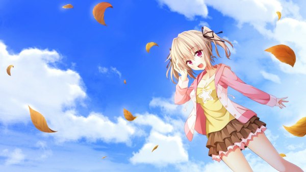 Anime picture 1280x720 with 11gatsu no arcadia nonomiya fuuka hayakawa harui single blush short hair breasts open mouth blonde hair smile wide image twintails looking away game cg sky cloud (clouds) pink eyes wind short twintails girl