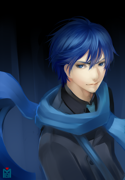 Anime picture 837x1200 with vocaloid kaito (vocaloid) monsohot single tall image looking at viewer short hair blue eyes simple background signed blue hair light smile boy necktie scarf