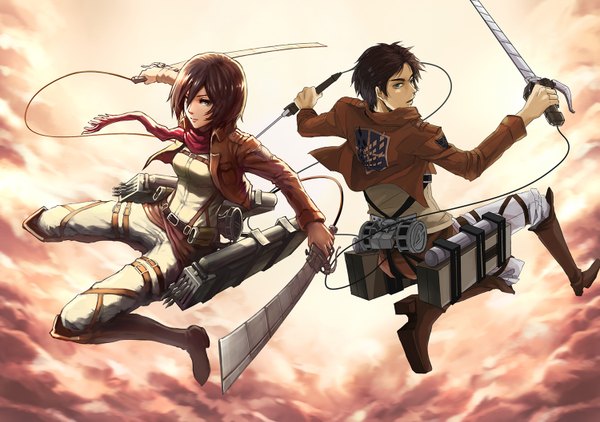 Anime picture 1500x1057 with shingeki no kyojin production i.g mikasa ackerman eren yaeger haoni short hair black hair holding brown eyes cloud (clouds) dual wielding girl boy weapon sword jacket boots scarf red scarf