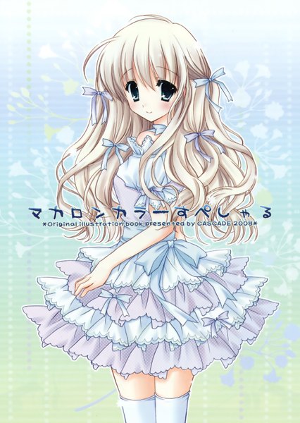 Anime picture 2130x3000 with original hasekura chiaki single long hair tall image looking at viewer blush fringe highres blue eyes blonde hair smile ahoge looking back puffy sleeves text wavy hair english girl thighhighs