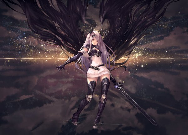 Anime picture 2000x1437 with shingeki no bahamut tachikawa mushimaro (bimo) single long hair looking at viewer highres red eyes horn (horns) grey hair dark background girl dress gloves weapon sword wings black gloves elbow gloves boots armor