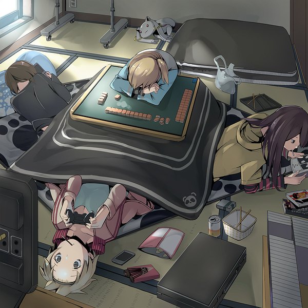 Anime picture 1000x1000 with mahou shoujo madoka magica original shaft (studio) kyuubee kenja tori long hair short hair brown hair multiple girls brown eyes ponytail lying side ponytail sleeping under the table mahjong girl food sweets sweater