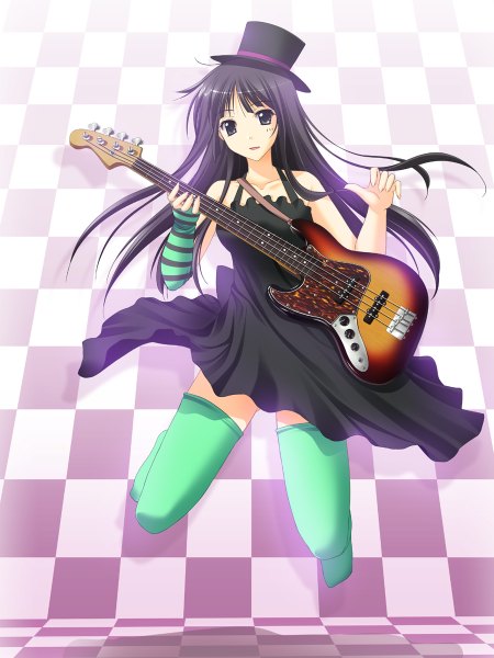Anime picture 900x1200 with k-on! kyoto animation akiyama mio takepon (artist) single long hair tall image looking at viewer open mouth black hair black eyes jumping checkered background girl thighhighs dress hat guitar electric guitar