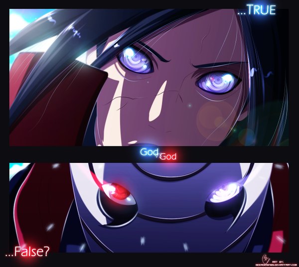 Anime picture 1280x1144 with naruto studio pierrot naruto (series) uchiha madara uchiha obito tobi igeerr long hair black hair red eyes purple eyes inscription heterochromia coloring close-up face multiview akatsuki sharingan rinnegan