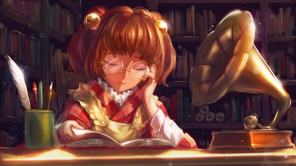 Anime picture 1200x675 with touhou motoori kosuzu bobomaster single short hair brown hair wide image sitting indoors eyes closed two side up hair bell girl hair ornament book (books) bell feather (feathers) jingle bell cup shelf