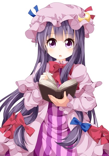 Anime picture 700x1003 with touhou patchouli knowledge ruu (tksymkw) single long hair tall image blush fringe open mouth simple background white background purple eyes purple hair girl bow hair bow book (books) bonnet moon (symbol)