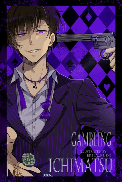 Anime picture 811x1200 with osomatsu-san matsuno ichimatsu ekita xuan single tall image looking at viewer short hair black hair smile purple eyes signed teeth alternate costume character names open collar framed purple background sharp teeth rhombus alternate eye color