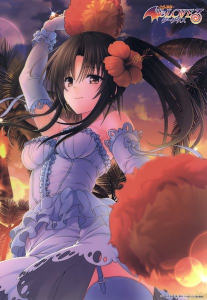 Anime picture 2739x3964 with toloveru toloveru darkness xebec kotegawa yui yabuki kentarou single long hair tall image looking at viewer highres black hair brown eyes payot hair flower scan from below copyright name side ponytail girl dress