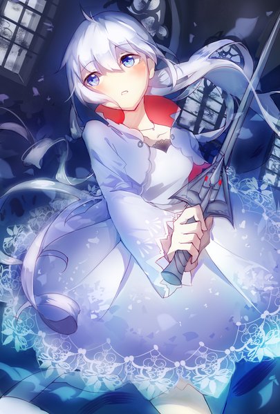 Anime picture 1181x1748 with rwby rooster teeth weiss schnee hanayome single long hair tall image fringe blue eyes hair between eyes holding payot looking away silver hair ahoge ponytail indoors long sleeves parted lips head tilt