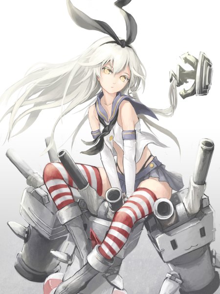 Anime picture 3755x5004 with kantai collection shimakaze destroyer rensouhou-chan akira0171 single long hair tall image looking at viewer highres open mouth sitting bare shoulders absurdres white hair between legs :3 sailor collar girl thighhighs gloves