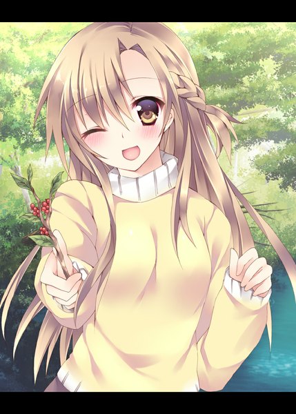 Anime picture 800x1119 with sword art online a-1 pictures yuuki asuna sorai shin'ya single long hair tall image looking at viewer blush open mouth brown hair brown eyes one eye closed wink girl sweater branch