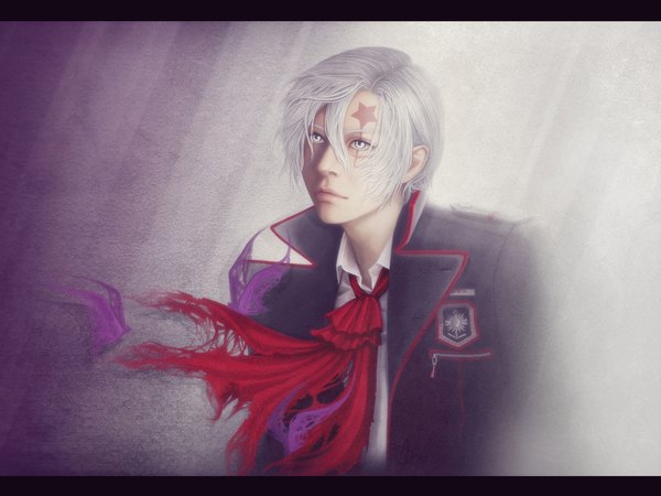 Anime picture 2000x1500 with d.gray-man allen walker ripa666 single highres short hair silver hair lips realistic torn clothes facial mark letterboxed boy choker star (symbol) coat neckerchief