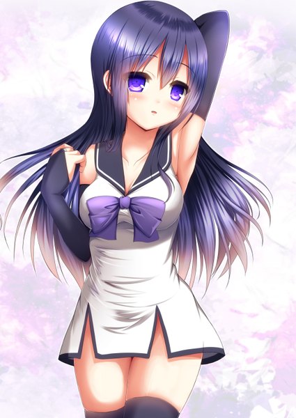 Anime picture 1032x1457 with gokukoku no brynhildr arms corporation kuroha neko nyarumi single long hair tall image looking at viewer blush light erotic purple eyes blue hair girl thighhighs black thighhighs detached sleeves bowtie