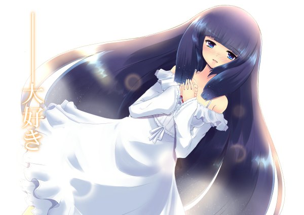 Anime picture 1228x868 with original snow (gi66gotyo) single long hair blush blue eyes black hair simple background white background girl sundress