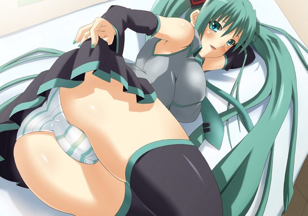 Anime picture 1279x900 with vocaloid hatsune miku light erotic twintails green eyes ass nail polish green hair cameltoe girl underwear panties detached sleeves striped panties