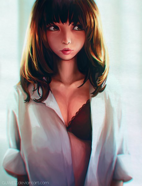 Anime picture 1000x1310 with guweiz single long hair tall image fringe breasts light erotic brown hair standing brown eyes looking away open clothes open shirt lipstick pink lipstick girl shirt lingerie bra white shirt